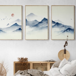 Japanese Wall Art | Japanese Wall Decor | Mid Century Modern Wall Art Set of 3 | Gallery Wall Set | Mountain Wall Art | Living Room Decor