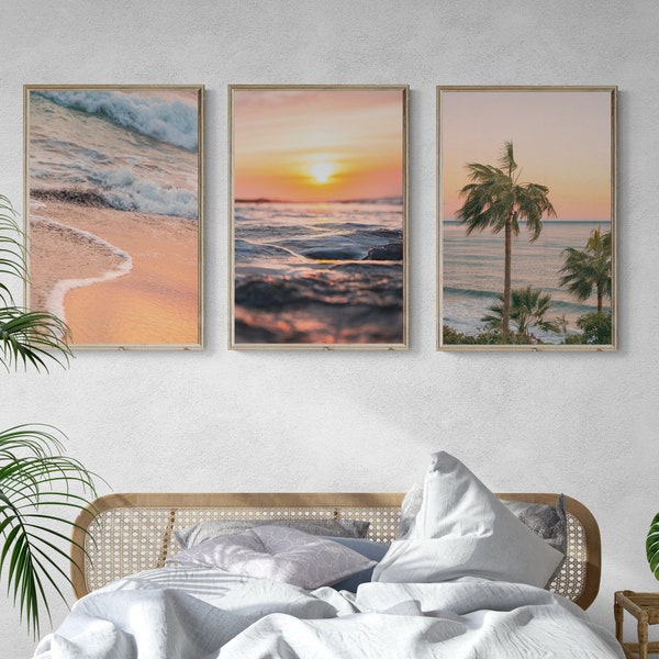 Sunset Beach Wall Art | Palm Tree Wall Art | Set of 3 Print | Beach Photography | Beach Poster | Beach Decor | Beach Print | Wave Wall Art