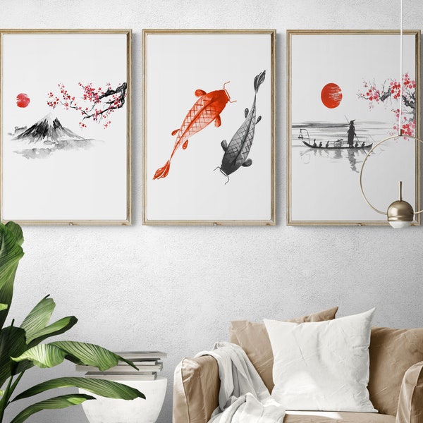 Art mural japonais | Set de 3 | d’art mural Art traditionnel Sumi-e | Ensemble mural Galerie | Koi Fish Wall Art | Décoration d’intérieur | Décor mural japonais