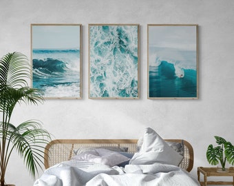 Blue Ocean Waves Print | Beach Wall Art | Blue Sea Print | Beach Decor | Home Decor | Coastal Art | Set of 3 Wall Art | Sea Wave Wall Art