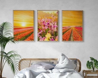 Flower Wall Art | Tulip Field | Spring Wall Art | Set of 3 Print | Floral Wall Art | Farmhouse Decor | Living Room Wall Décor | Spring Decor