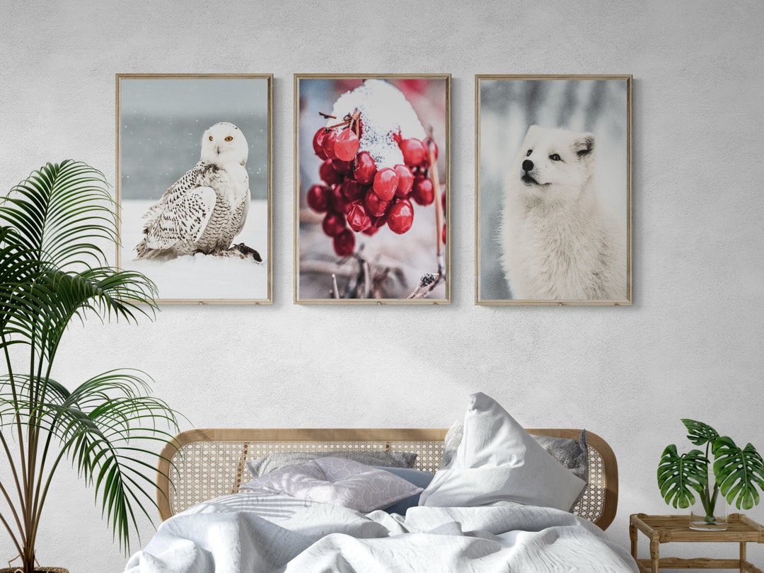 Snowy Owl Wall Art Arctic Fox Wall Art Red Winter Berry Winter Wall Art