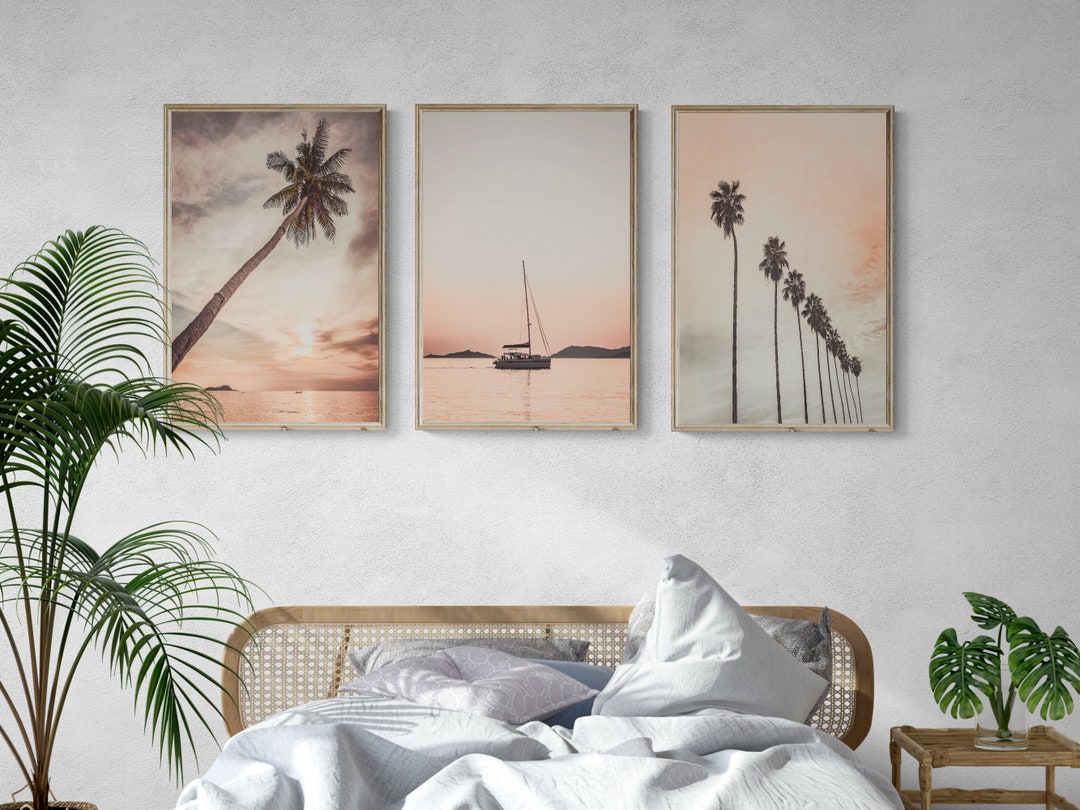 Palm Tree Wall Art Sailboat Wall Art Vintage Beach Wall Art Set of 3