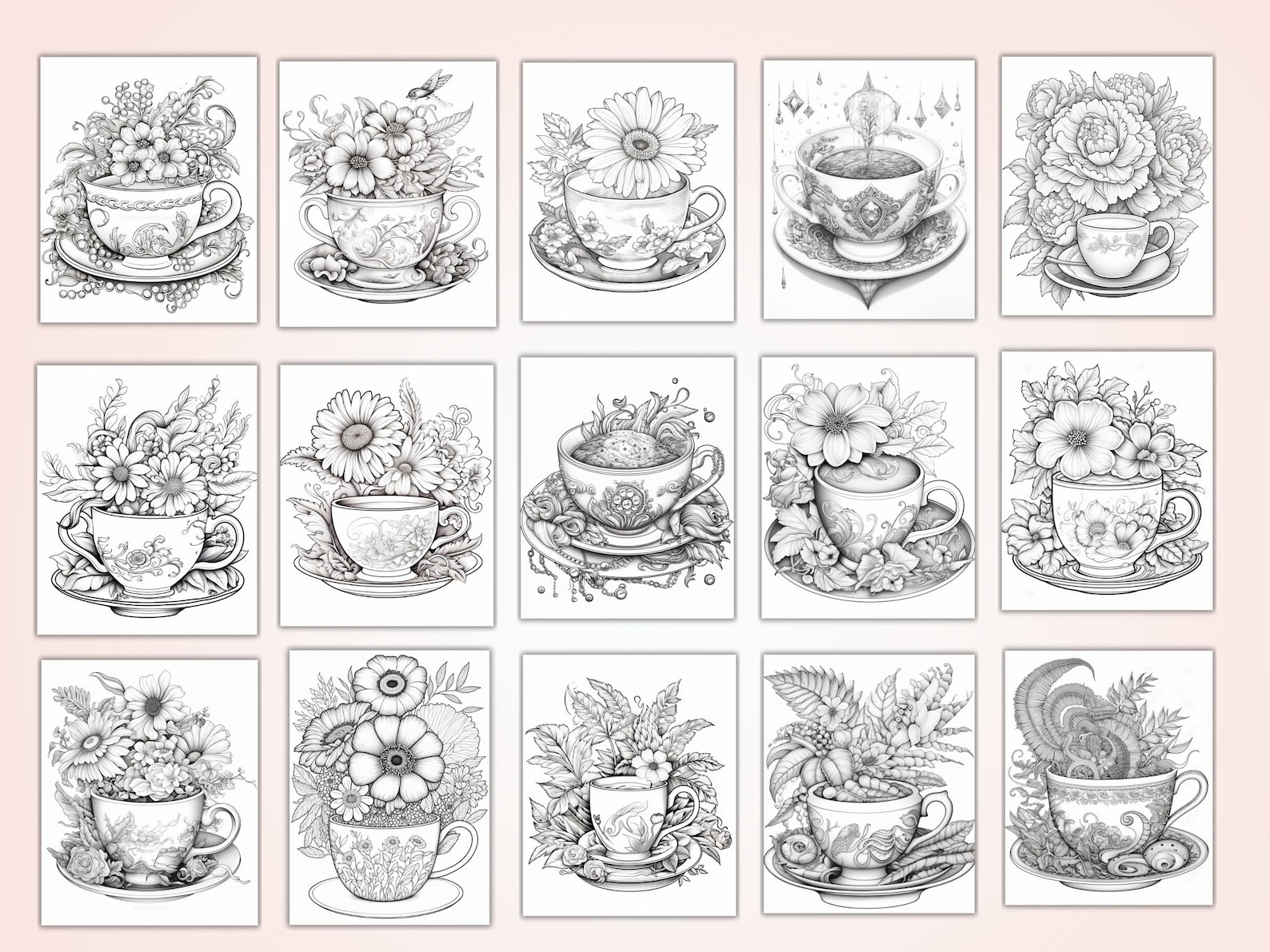 Teacup and Flower Coloring Pages Volume 2 - Printable, Adult Coloring ...