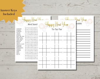 New Years Game Bundle, Word Search, Scrabble, Tic-Tac-Toe (Digital Download)