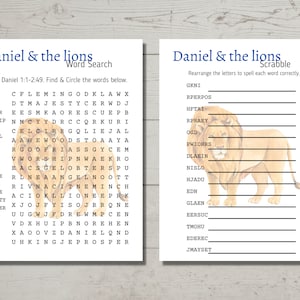 Set of 2 Daniel & the lions Word Games, Bible Activities for Kids, Word Search and Scrabble, Printable Game, | *Digital Download*