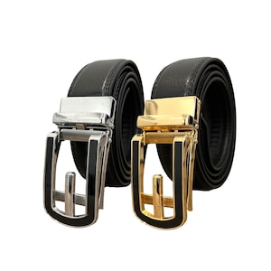 Men&#39;s Click Ratchet Belt Sliding Buckle Adjustable Trim to Exact Fit Casual Dress Belt Gold Silver