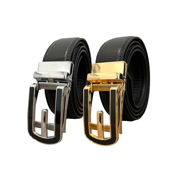 Men's Click Ratchet Belt Sliding Buckle Adjustable Trim to Exact Fit Casual Dress Belt Gold Silver