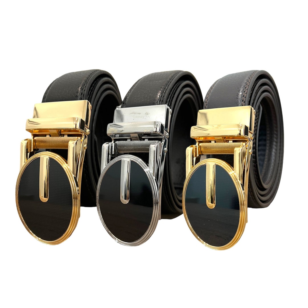 Men's Genuine Leather Ratchet Belt, Adjustable Sliding Buckle