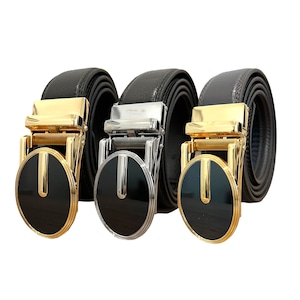 Men&#39;s Click Ratchet Belt Sliding Buckle Adjustable Trim to Exact Fit Casual Dress Belt Brown Gold