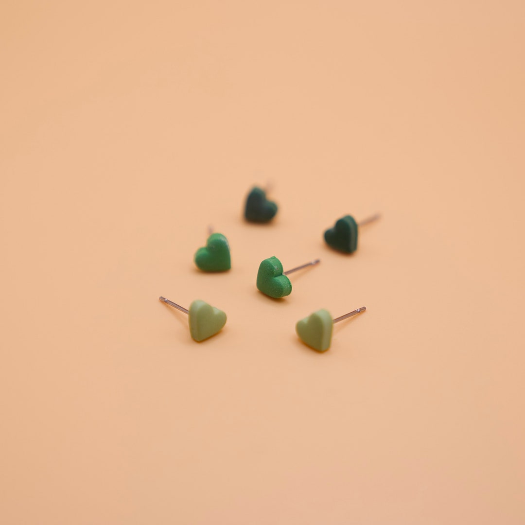 Triple Green Tone Small Heart Stud Earring Set Polymer Clay Etsy