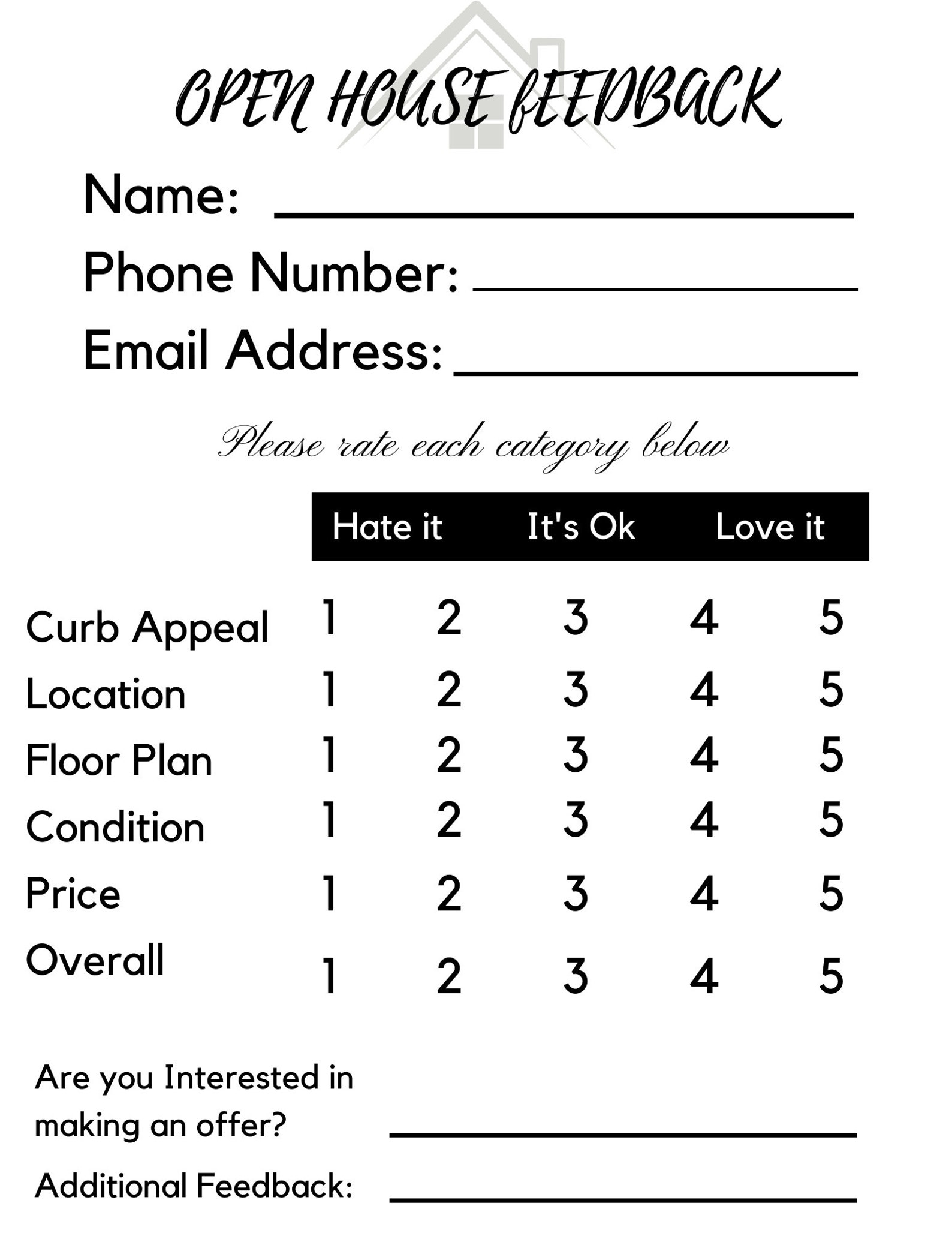 Open House Feedback Form, Realtor Printable PDF Form, PDF Instant ...