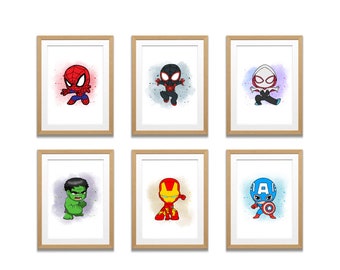 Set of 6 A4 superheroes, kids bedroom wall art, boys bedroom,hero prints avengers marvel,  hulk, Spider-Man,Ironman,boys bedroom hero prints