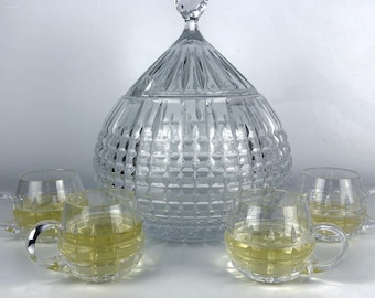 Vintage Crystal Punch Set – Mid-Century Cut Glass Bowl with 6 Cups