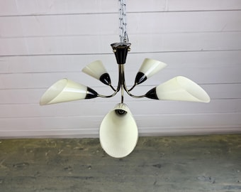 Vintage 5-Arm Brass Chandelier – Mid-Century Modern – White Cone Glass Shades – 1960s