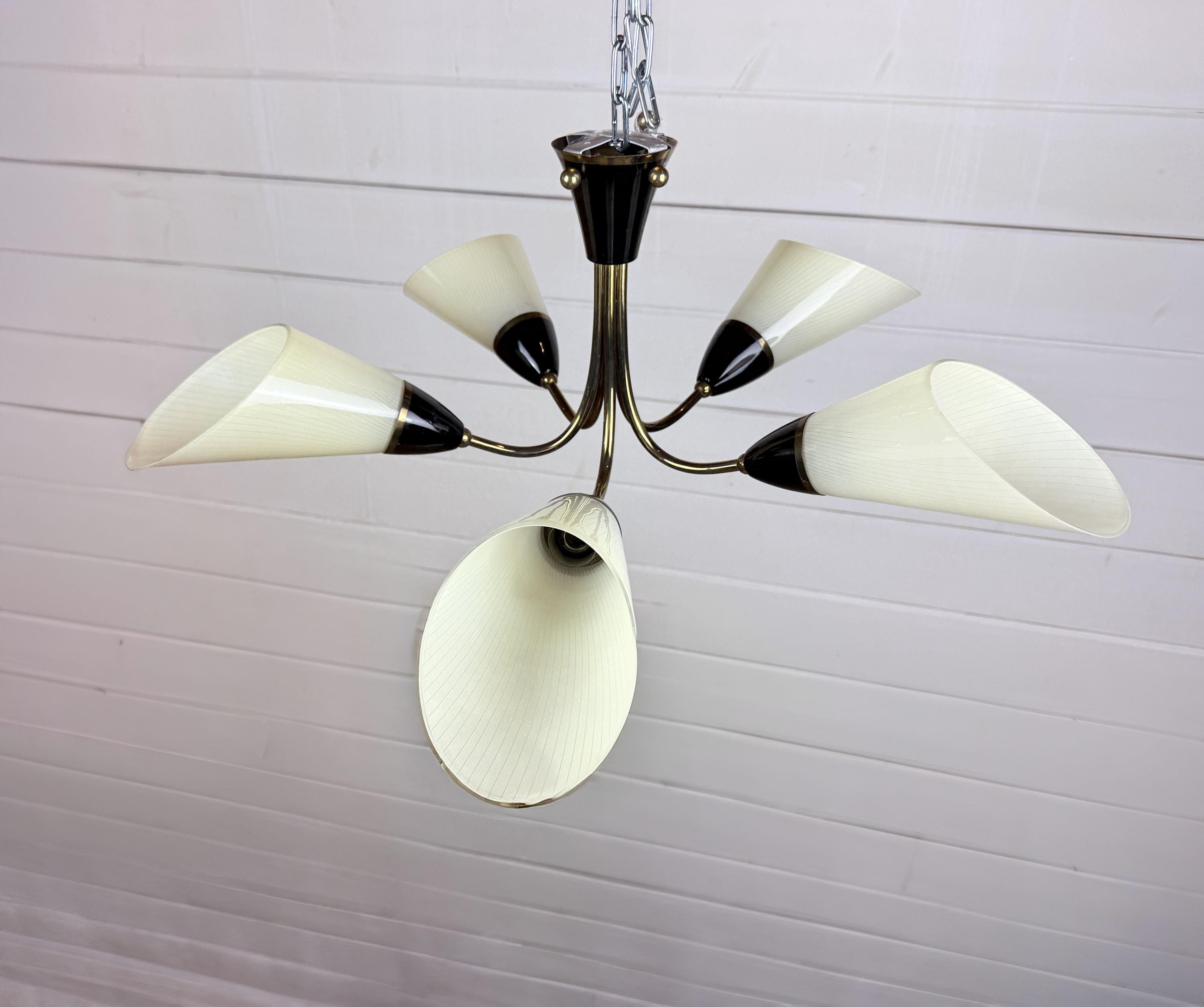 Lustre 5 Branches Bois Et Laiton Vintage - Occasion, Fonctionnel, Style Rétro