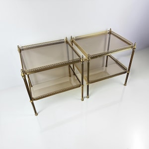 Pair of Vintage Brass Side Tables – Smoked Glass Shelves – French Hollywood Regency Style