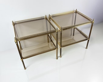 Pair of Vintage Brass Side Tables – Smoked Glass Shelves – French Hollywood Regency Style