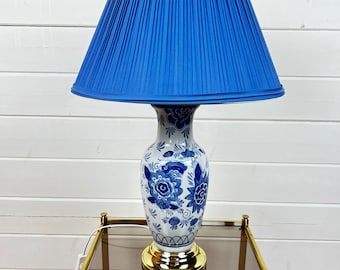 Vintage Porcelain Table Lamp, Blue Floral Fabric Shade
