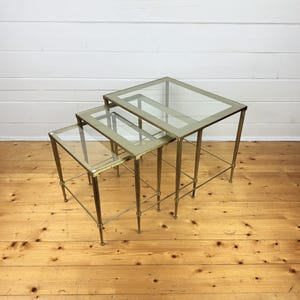 Vintage Hollywood Regency Brass & Glass Nesting Tables – Set of 3, 1950s