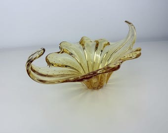 Vintage Murano Style Art Glass Bowl – Amber Yellow, Hand-Blown, Curled Handles, 37 cm