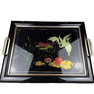 Vintage Asian Lacquer Serving Tray – Cranes & Lotus Motif, Mother-of-Pearl Inlay