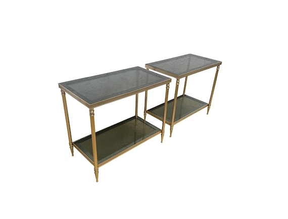 Maison Jansen Style Brass Side Tables Pair, Mid Century French Two Tier Smoked Glass End Tables, Hollywood Regency Accent Tables