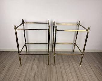 Set of Vintage French Brass & Glass Side Table – Maison Jansen Style – Mid-Century Hollywood Regency Accent Table