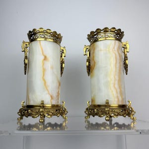 Antique Pair French Onyx & Gilt Bronze Vases – 19th Century Rococo Revival Urns – 31 cm Heavy Collectible Decor