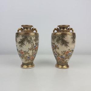 Pair of Antique Japanese Satsuma Vases – Hand-Painted, 14.5 cm, Signed Base