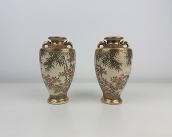 Pair of Antique Japanese Satsuma Vases – Hand-Painted, 14.5 cm, Signed Base
