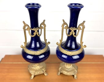 Antique French Cobalt Blue Porcelain Vases with Ormolu Mounts – Louis XVI Style