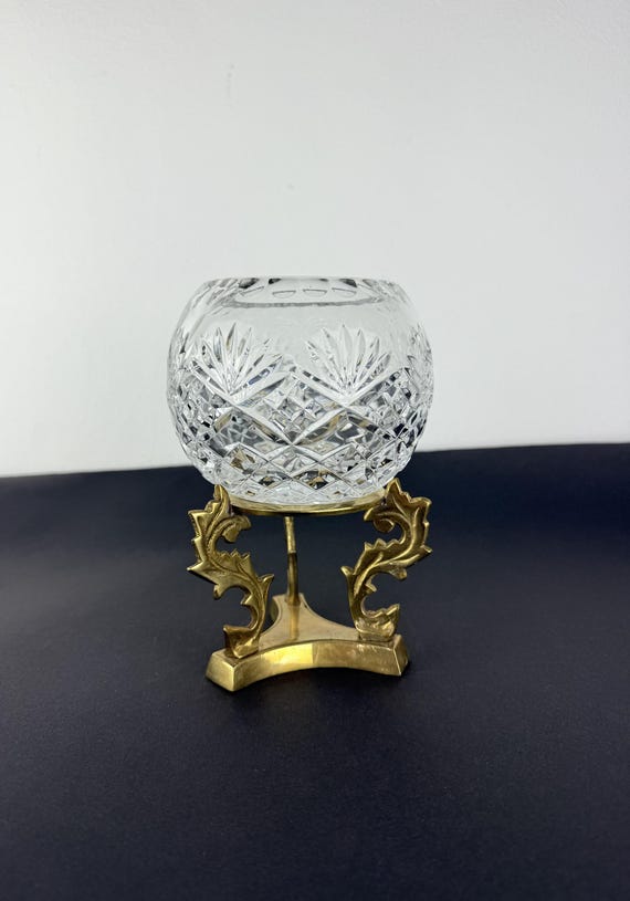 Vintage Crystal Bowl with Gilded Stand | 24% Lead Crystal | Hand-Cut Glass | 17 cm Height
