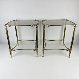 Vintage Brass & Smoked Glass Side Tables – Set of 2 | Hollywood Regency Accent Tables