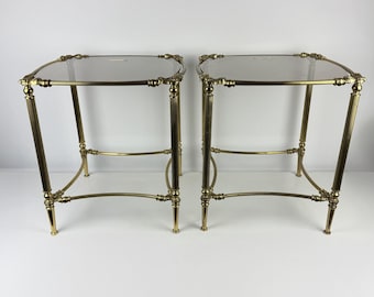 Vintage Brass & Smoked Glass Side Tables – Set of 2 | Hollywood Regency Accent Tables