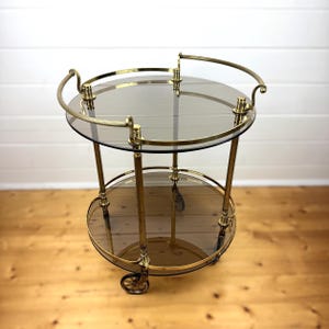 Antique Brass Bar Cart | 1920s Art Deco Drinks Trolley with Smoked Glass | Rare Heavyweight Serving Cart