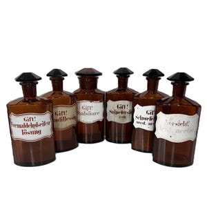 Vintage Brown Glass Poison Bottles | Set of 6 Apothecary Jars with Labels | German Pharmacy Toxin Bottles ca. 1920s