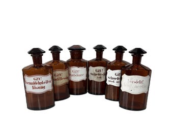 Vintage Brown Glass Poison Bottles | Set of 6 German Apothecary Jars