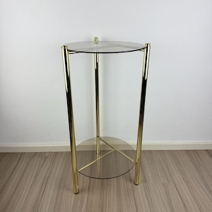 Vintage Gold Steel Plant Stand with Smoked Glass, Mid-Century Modern Side Table, 1970s Retro Display Stand