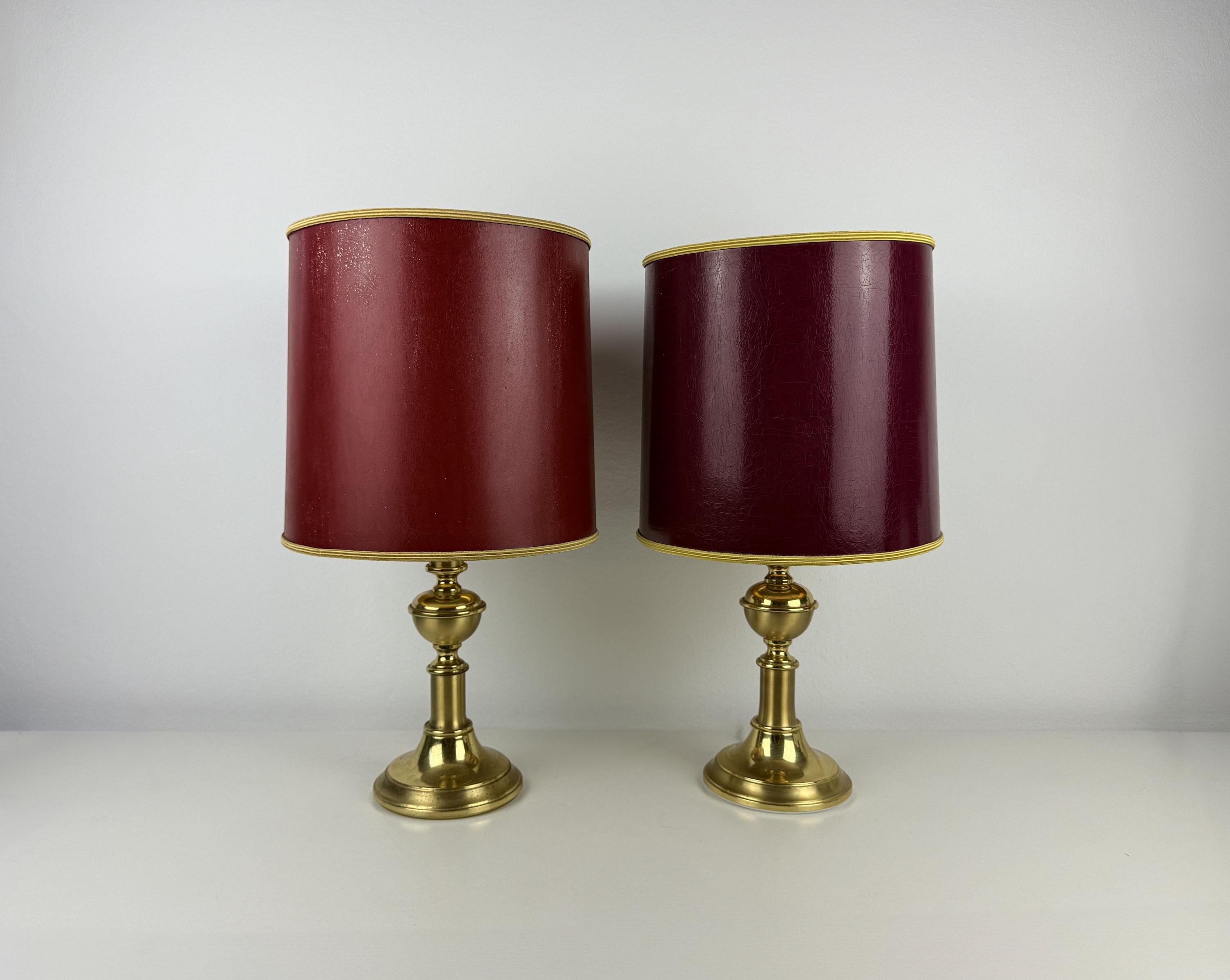 Vintage Brass Table Lamps Red Burgundy Leather Shades, Pair - Etsy