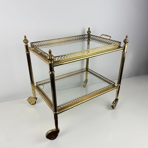 Mid-Century Brass Bar Cart – French Style 2-Tier Glass Trolley, Vintage Hollywood Regency