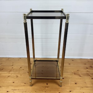 Hollywood Regency Brass Side Table | 2-Tier Smoked Glass Display Stand 74x33cm