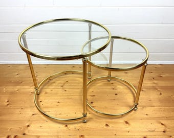 Vintage Mid-Century Brass Nesting Side Tables – Glass Top – 2-Piece Set