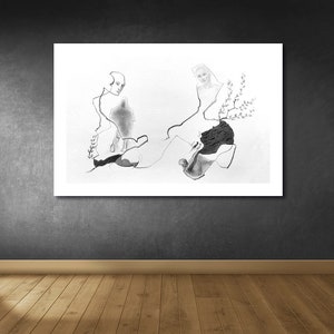 May include: A black and white line drawing of two figures, one with a branch of leaves, on a white background.