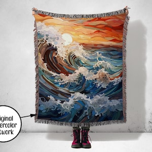 Wild Ocean Watercolor Woven Cotton Throw Blanket With Fringe