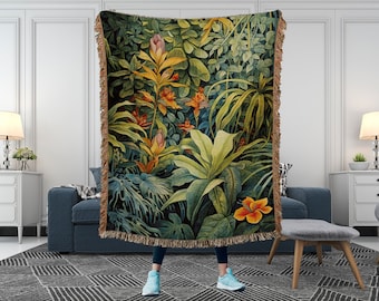 Tropical Plants Woven Throw Blanket, Tropical Tapestry, Boho Throw Blanket, Jacquard Blanket, Leaf Blanket, Plant Leaf Blanket