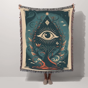 The All Seeing Eye Watercolor  Woven Cotton Throw Blanket With Fringe