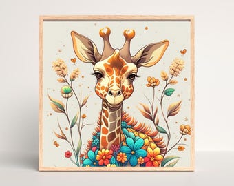 May include: A framed illustration of a giraffe with a friendly expression, surrounded by colorful flowers. The giraffe has a brown and orange spotted pattern and is set against a light beige background.