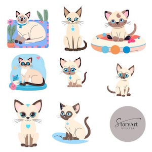 Siamese Cat Clipart, Cat Digital Clipart, Cartoon Kitten Digital Art, Siamese Cat Illustration, Cute Cat PNG, Cat JPG, Printable Cat Clipart