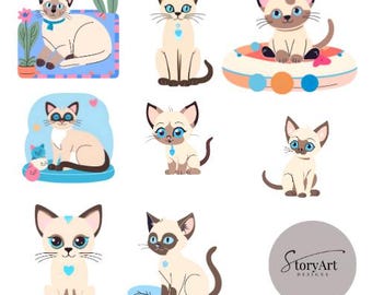 Siamese kat clipartbundel, cartoon kitten, png (digitale download)